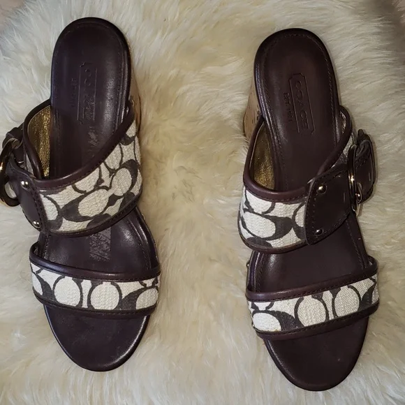 Coach Platform Wedge Open Toe Slide Sandals Brown Tan 6 - Picture 4 of 10